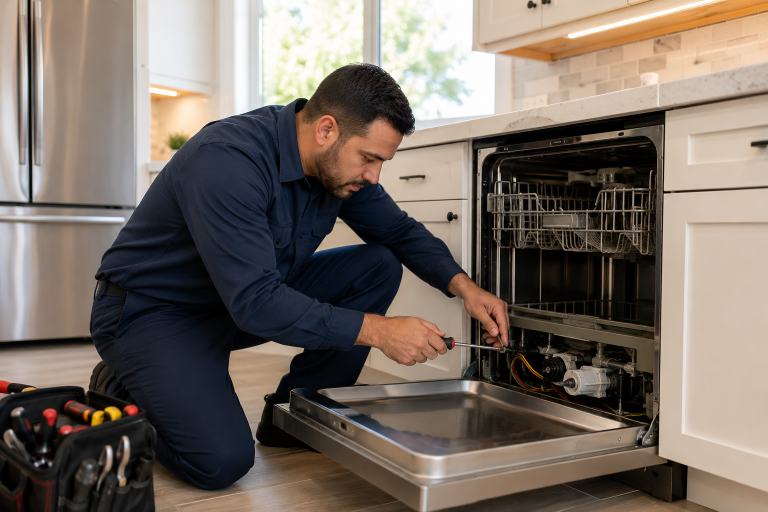 Professional appliance repair technician diagnosing and repairing a residential dishwasher in Tucson, Arizona.