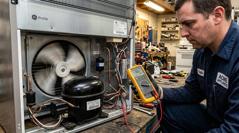 Technician checking a refrigerator short cycling at the compressor